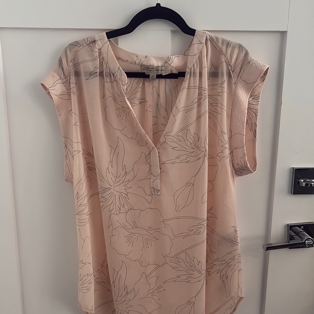Banana Republic Pink and Gold Cap Sleeve Blouse with Mandarin Collar